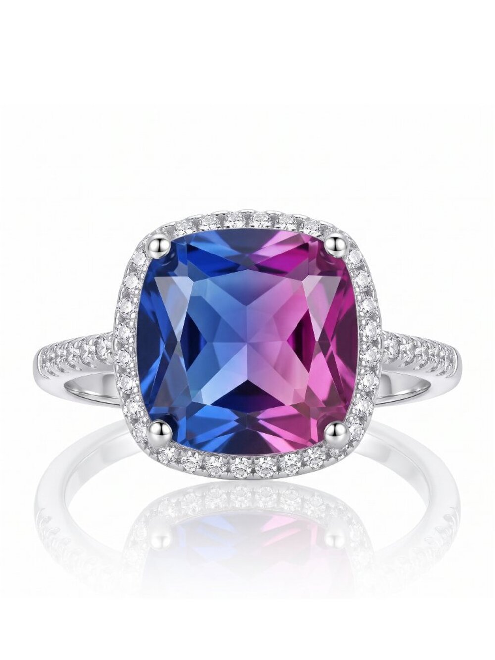 Pink & Purple Cushion Cut Gemstone Ring, 925 Sterling Silver Charmed Aro…